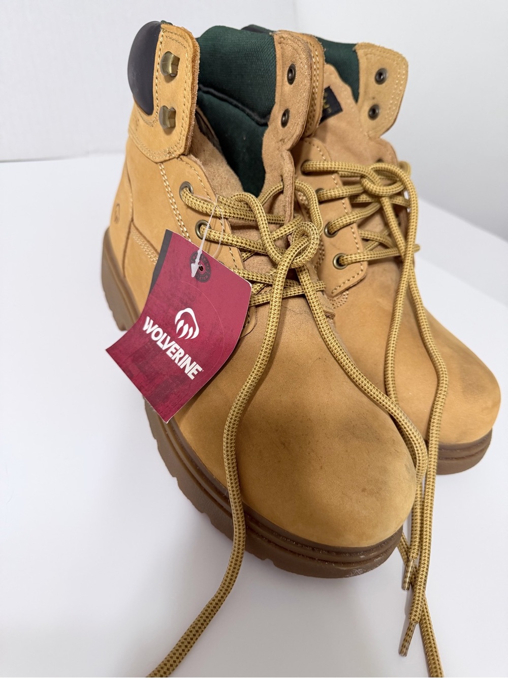 Wolverine Wheat Nubuck Work Boots with Green Collar